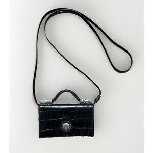 Vintage Brighton Croc Embossed Leather Crossbody Organizer Hand Bag Purse Black